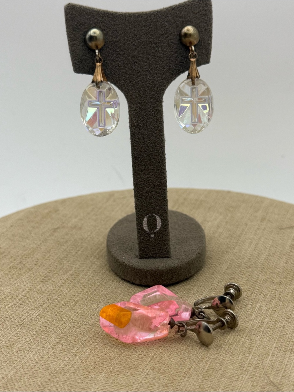 Set of two vintage Crystal Cross Drop Earrings in Clear Aurora Borealis
